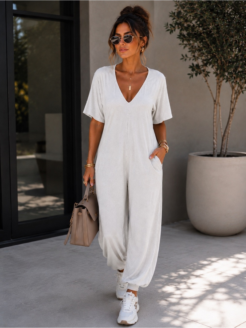 NWT V-Neck Barrel Leg Jumpsuit - Heather Grey